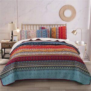 Bohemian Quilt Set King Size, Boho Striped Printed Bedding